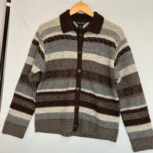 Rafaella Womens Size M 100% Shetland Wool Sweater Cardigan Knit Buttons Striped